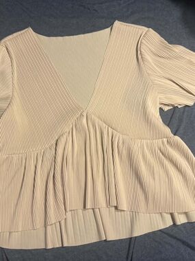 Beige Pleated V-Neck Women’s Top